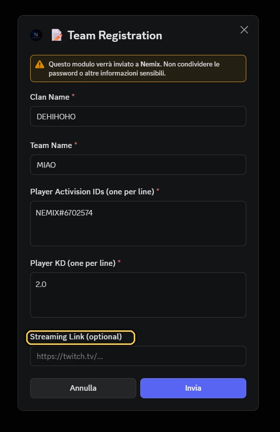 The registration form that opens on Discord, with its five fields