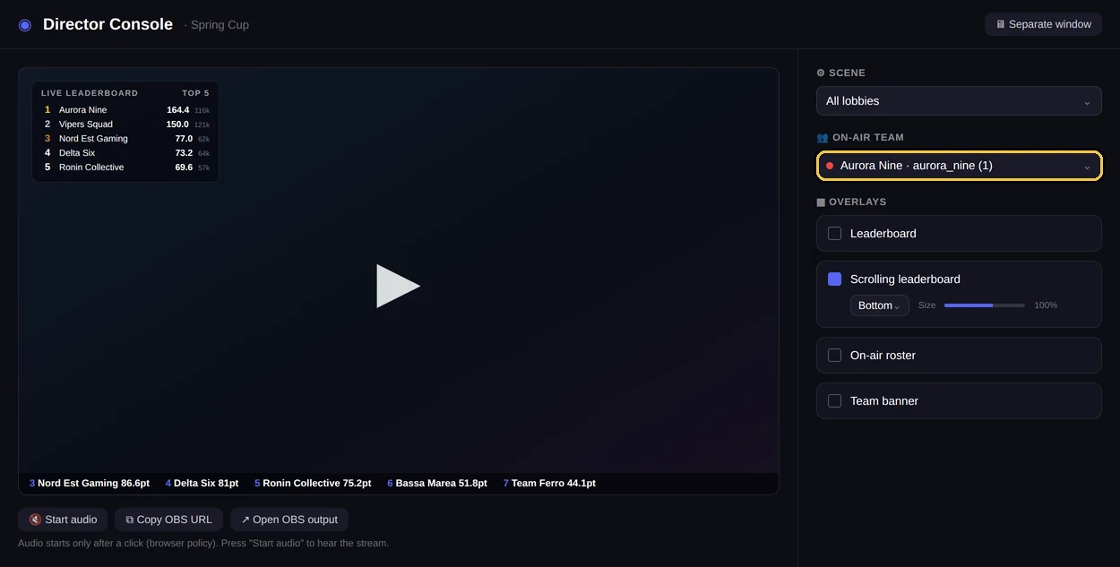 La console di regia con lo stream principale selezionato