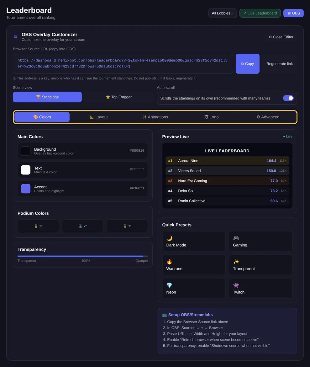 L editor overlay OBS nella dashboard: colori, anteprima live e preset rapidi